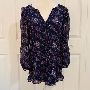 Joie Silk Blue Pink Floral Long Sleeve Drop Waist Tunic Mini Dress Small